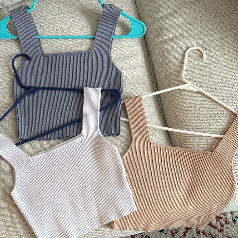 BUNDLE Ribbed Knit Tank Top Set - Gray/Blue, White, Tan